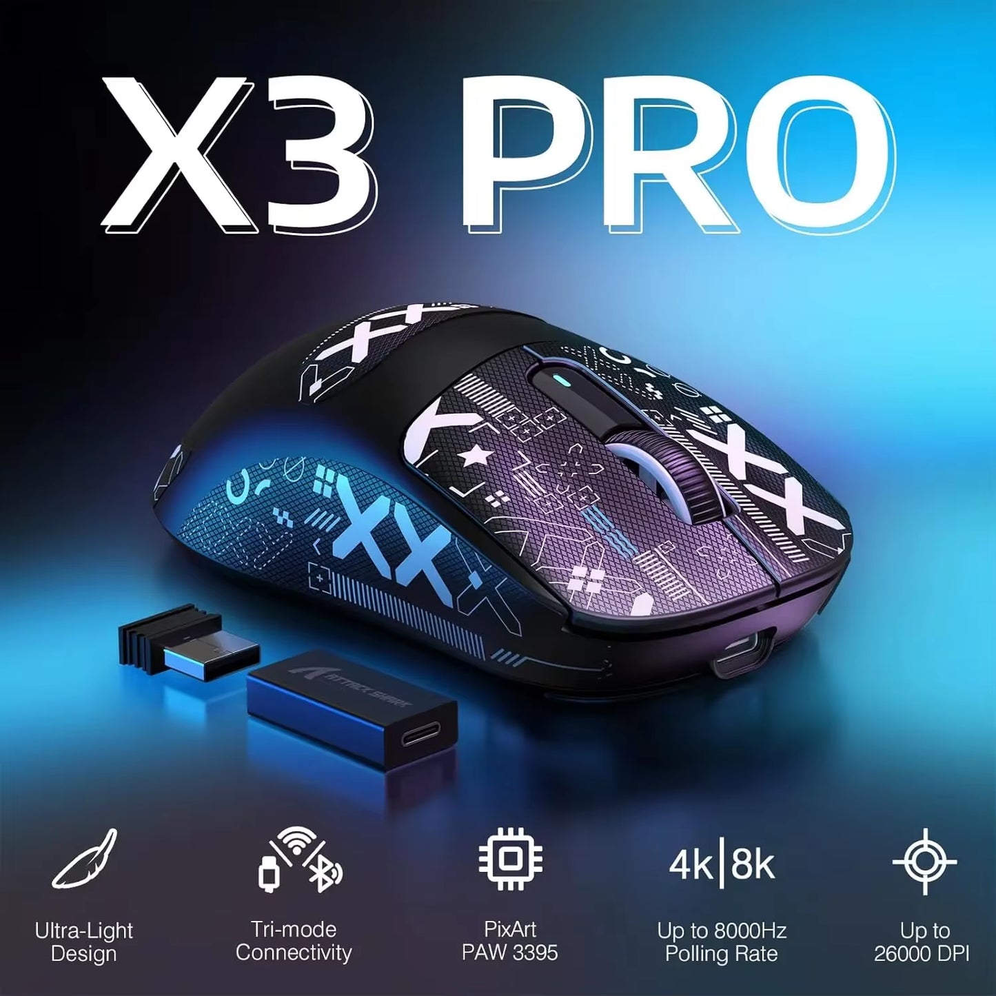 ATTACK SHARK X3PRO 4K/8K Lightweight Wireless Gaming Mouse with Its Own Anti-Slip Mouse PAW3395 26Kdpi Bluetooth Mouse