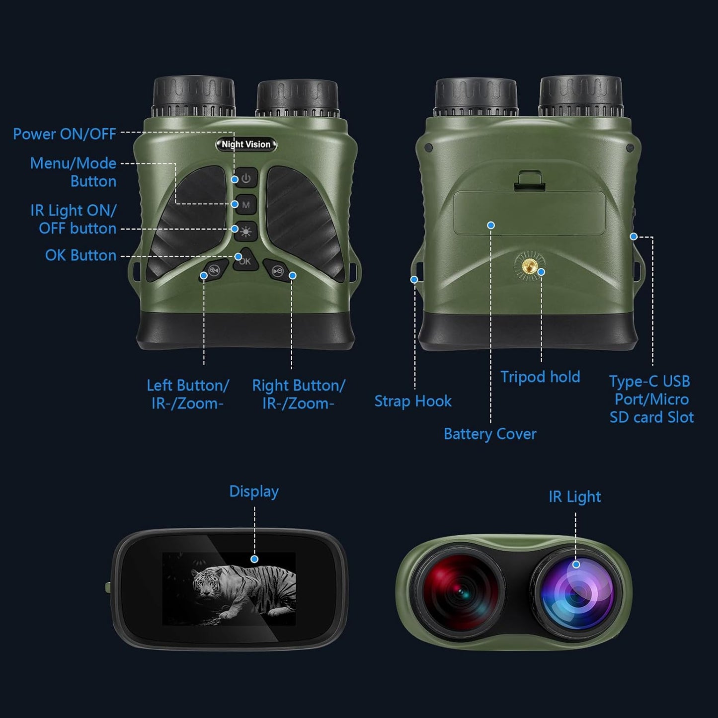Night Vision Goggles - 4K Night Vision Binoculars with 48MP and 3 Inch Display, 8X Digital Zoom and 7-Level Infrared Black with White, Backlit Buttons, Type-C Fast Charging & Detachable Battery
