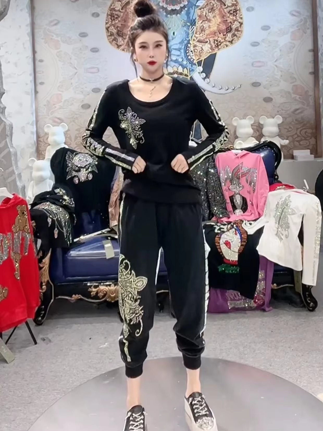 Hot Diamond Bottom Shirt Casual Suit Autumn New Black Skinny Long Sleeve Crew Neck Top and Pants Two Piece Sets Womens Outifits