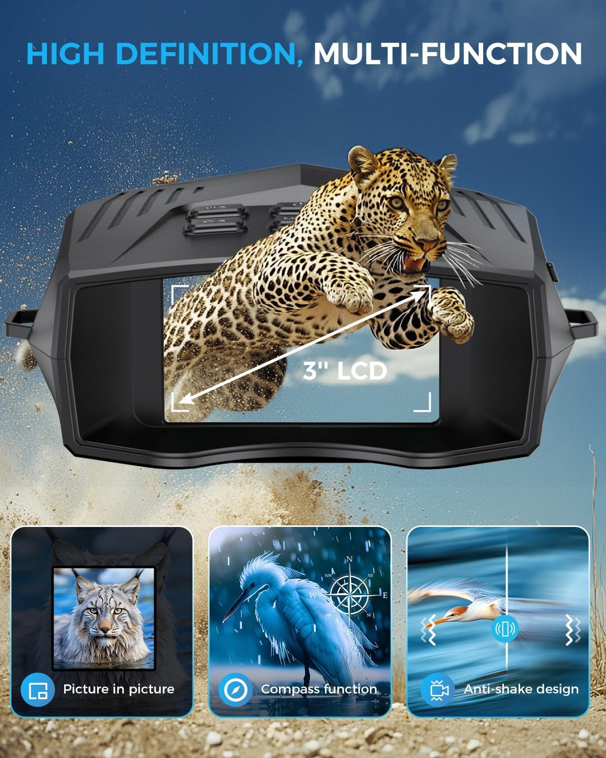 Night Vision Goggles - Night Vision Binoculars for Adults, 5000Mah Rechargeable Infrared Binoculars with 3'' Large Screen, 10X Digital Zoom External Flashlight for Camping