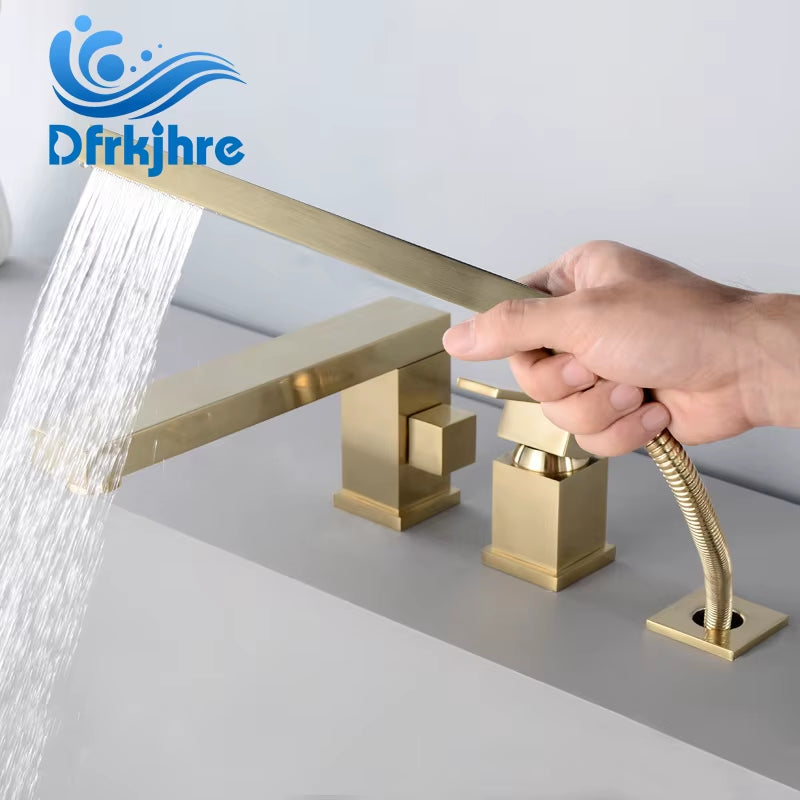 Gold Brush Bathtub Faucet Mixer with Hand Shower Double Function Bathtub Faucet Set Deck Mounted Bath Shower Tap(Chrome , Black)