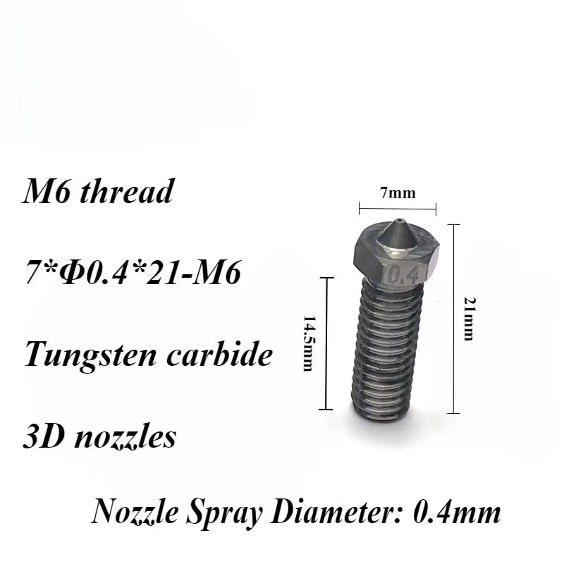3D V6 Nozzle Solid Carbide 92.5Hra Nozzle 3D Printer 0.4/0.5/0.6Mm Nozzles for 3D Printer