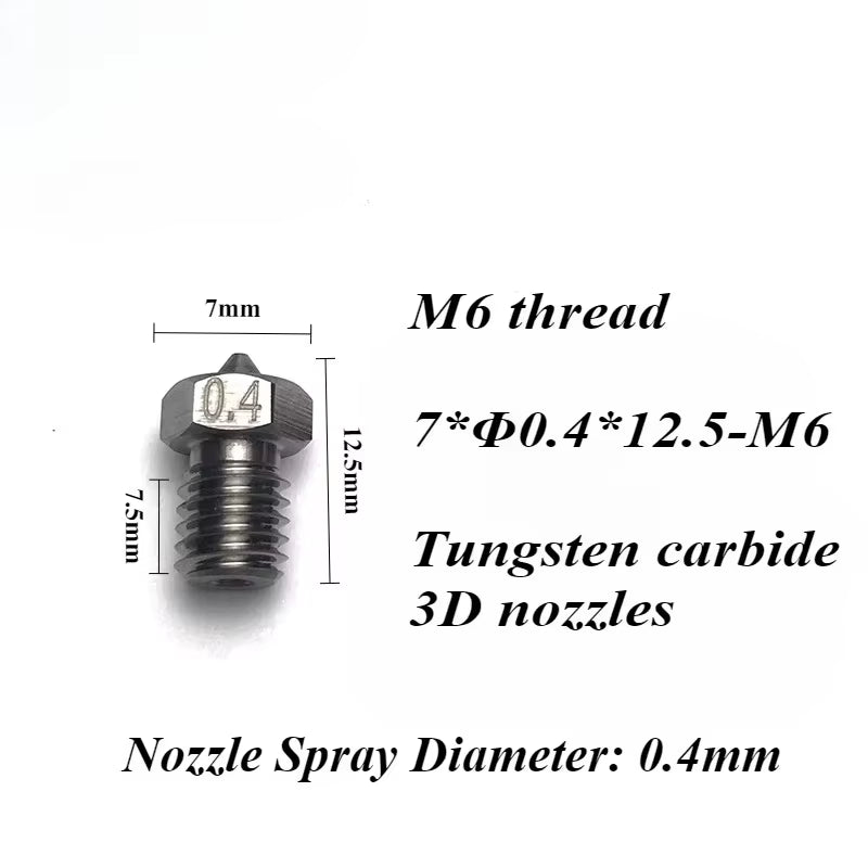 3D V6 Nozzle Solid Carbide 92.5Hra Nozzle 3D Printer 0.4/0.5/0.6Mm Nozzles for 3D Printer