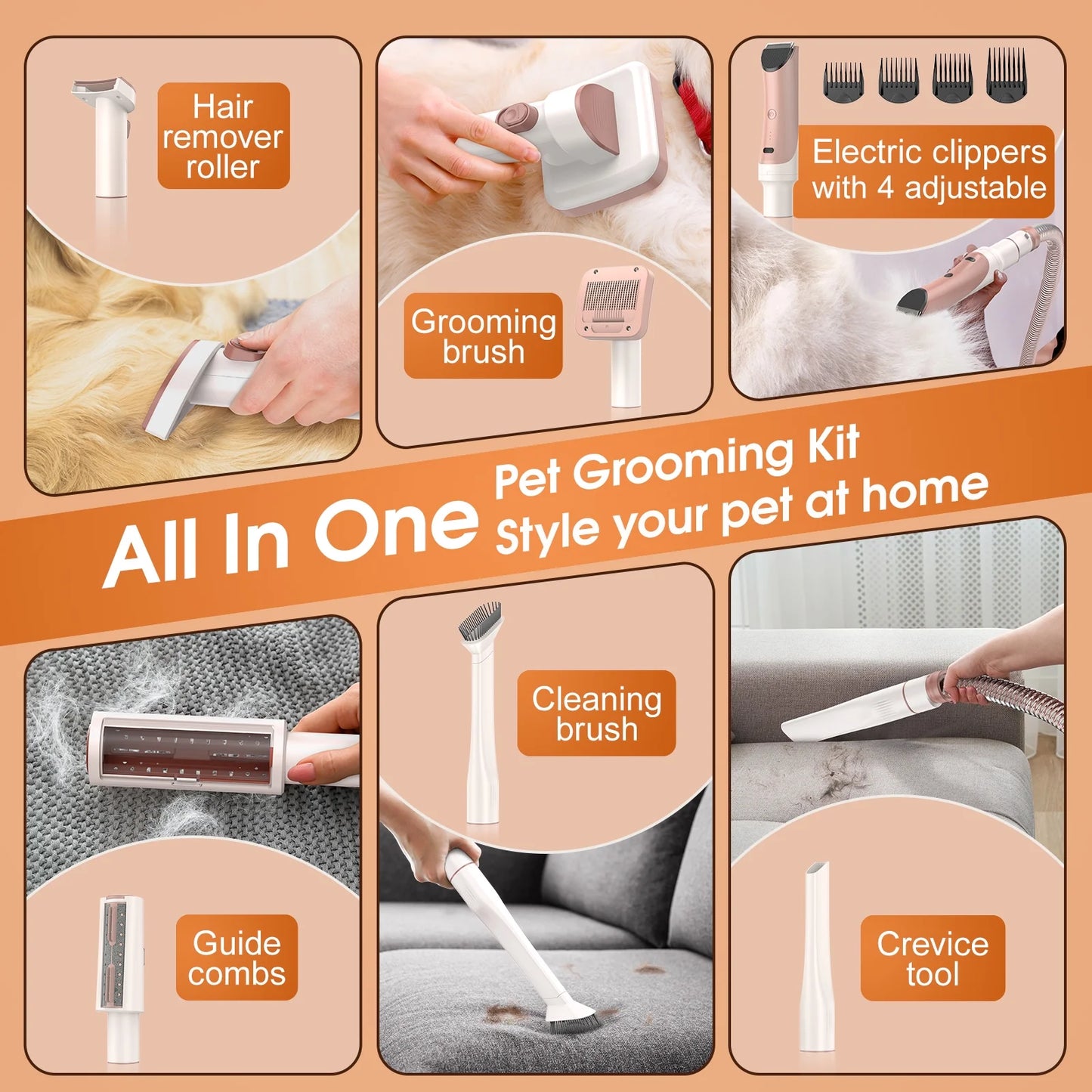 6-In-1 Dog Grooming Vacuum, 3.2L Dust Cup Pet Grooming Kit, 13000Pa Suction, Low Noise Dog Cat Hair Remover