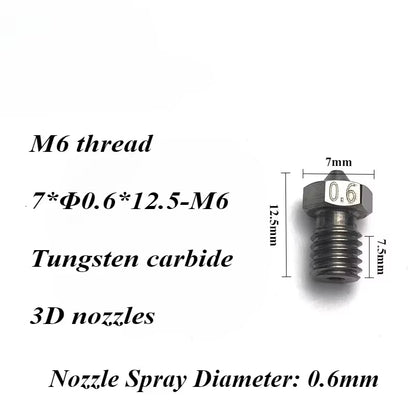 3D V6 Nozzle Solid Carbide 92.5Hra Nozzle 3D Printer 0.4/0.5/0.6Mm Nozzles for 3D Printer