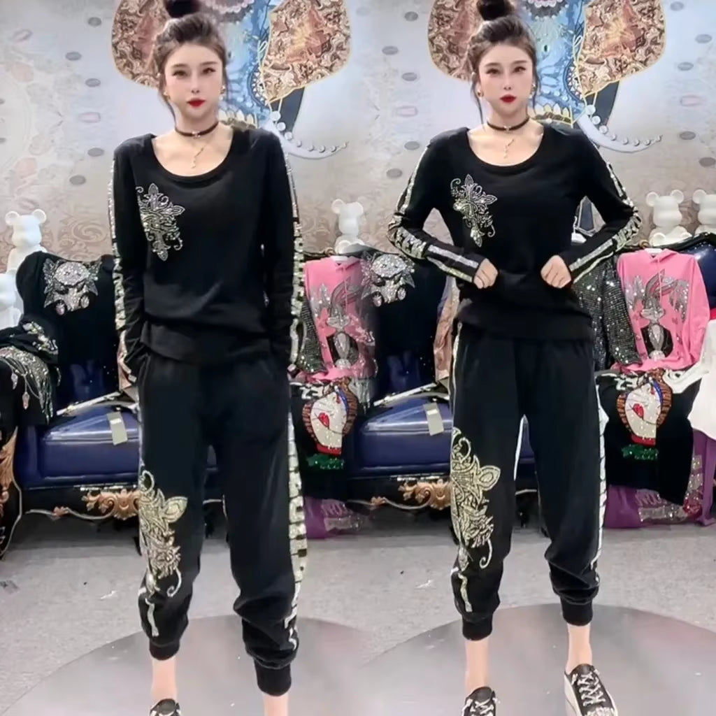 Hot Diamond Bottom Shirt Casual Suit Autumn New Black Skinny Long Sleeve Crew Neck Top and Pants Two Piece Sets Womens Outifits