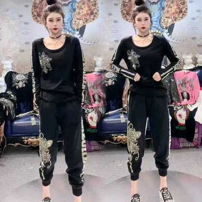 Hot Diamond Bottom Shirt Casual Suit Autumn New Black Skinny Long Sleeve Crew Neck Top and Pants Two Piece Sets Womens Outifits
