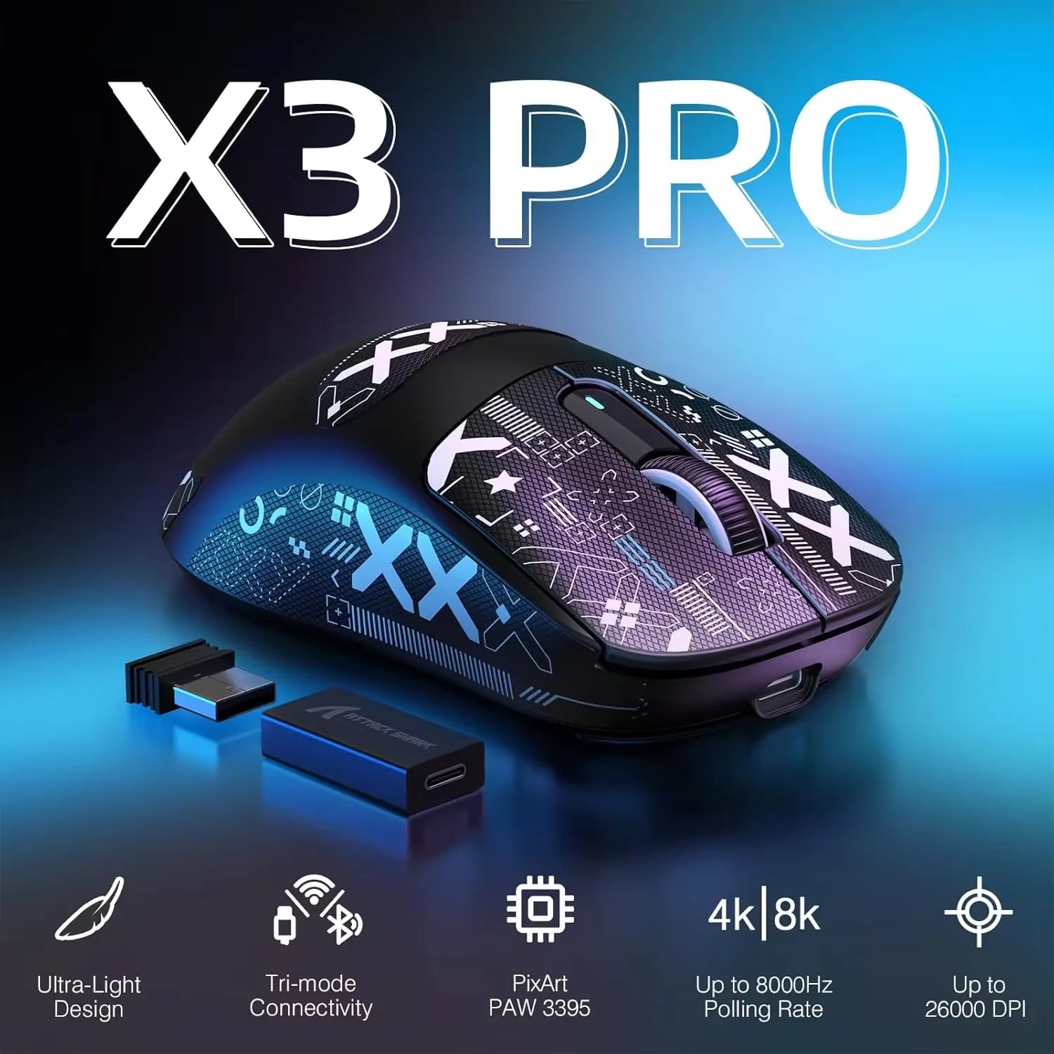ATTACK SHARK X3PRO 4K/8K Lightweight Wireless Gaming Mouse with Its Own Anti-Slip Mouse PAW3395 26Kdpi Bluetooth Mouse