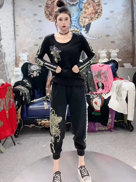 Hot Diamond Bottom Shirt Casual Suit Autumn New Black Skinny Long Sleeve Crew Neck Top and Pants Two Piece Sets Womens Outifits