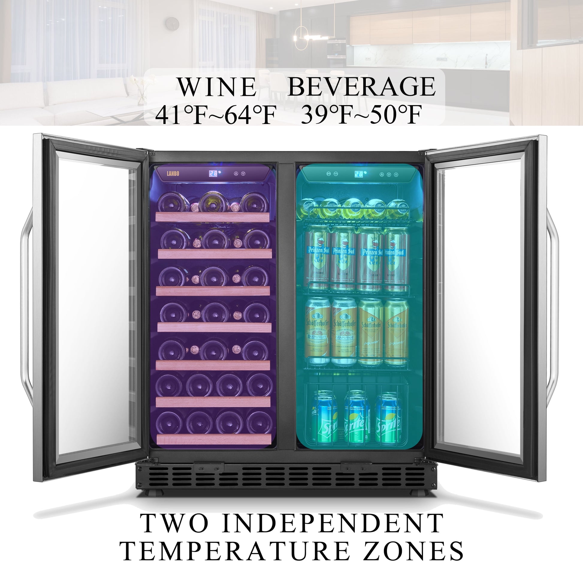 76 Can 31 Bottle under Counter Dual Zone Wine Refrigerator and Beverage Cooler 30 Inch Width
