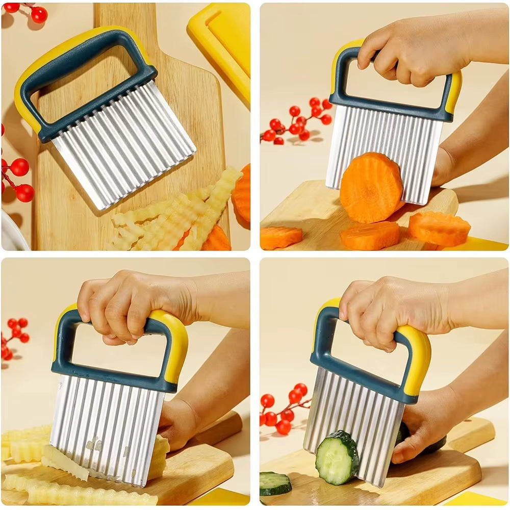 Stainless Steel Potato Chip Slicer Dough Vegetable Fruit Crinkle Wavy Kitchen Knife Cutter Chopper French Fry Maker Tools Gadget