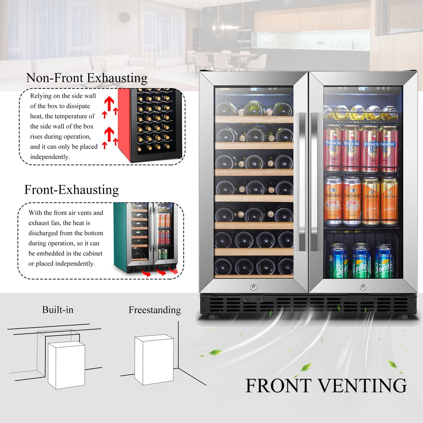 76 Can 31 Bottle under Counter Dual Zone Wine Refrigerator and Beverage Cooler 30 Inch Width