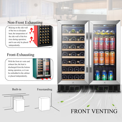 76 Can 31 Bottle under Counter Dual Zone Wine Refrigerator and Beverage Cooler 30 Inch Width